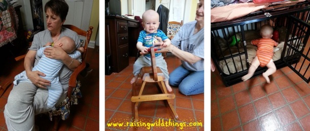 The baby being cute . . . passed out on Gramma, riding Mommy's wooden horse, checking out the dog crate